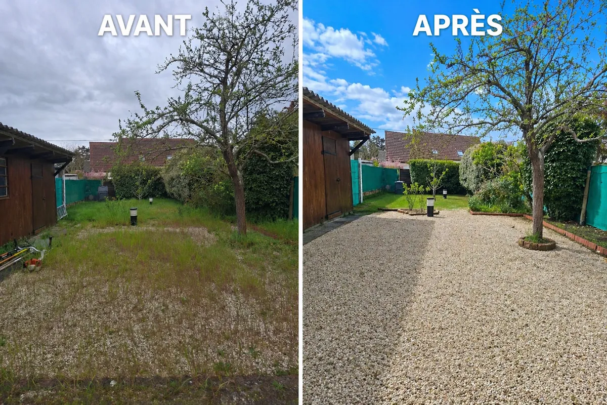 Avant et après la remise en état d'une cour gravillonnée envahie par l'herbe